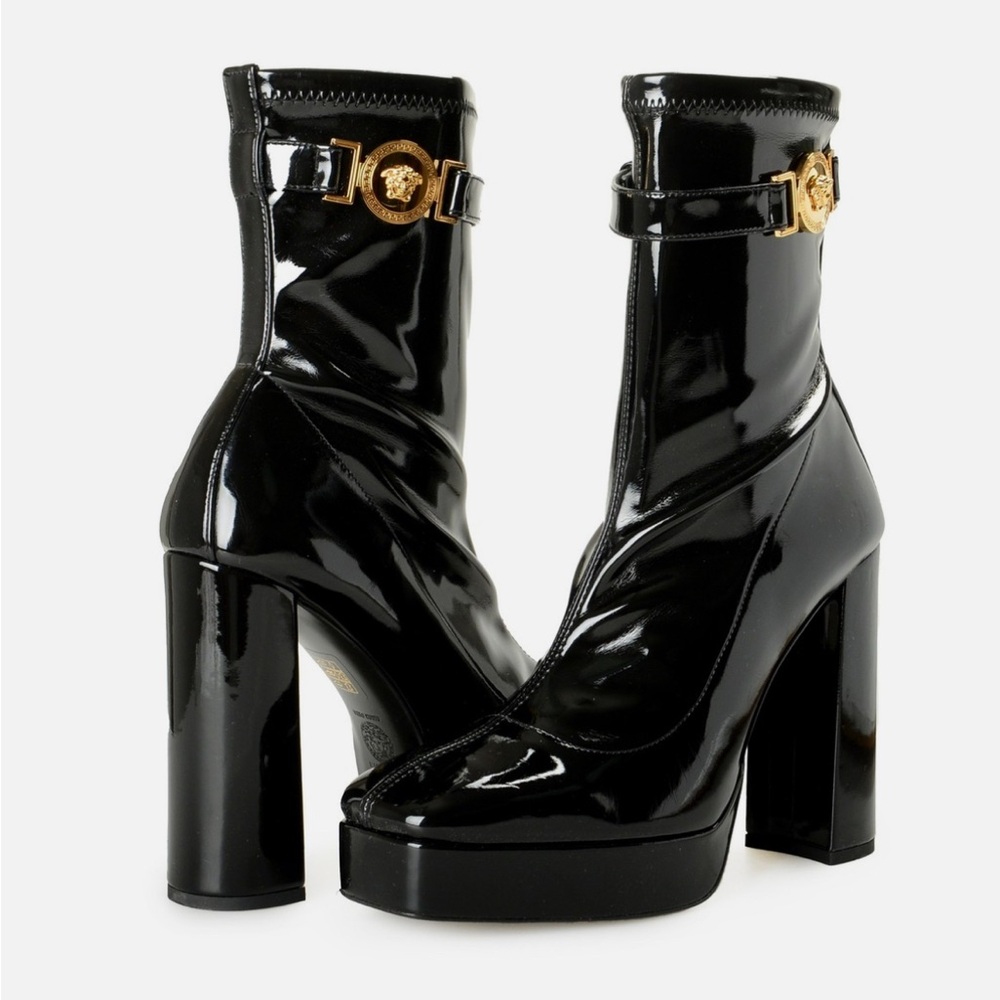 Versace Nero-Oro Stretch Patent Leather Booties